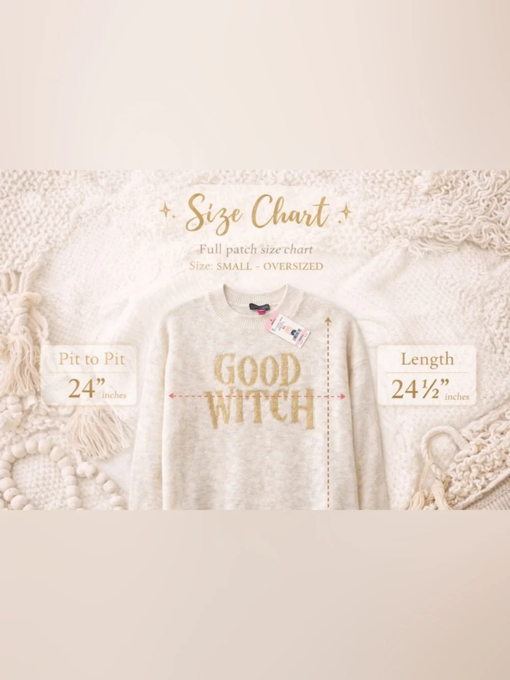 Vince Camuto Good Witch Sweater Small Oversized Cream Gold Graphic Cozy NWT $79 - Picture 3 of 3